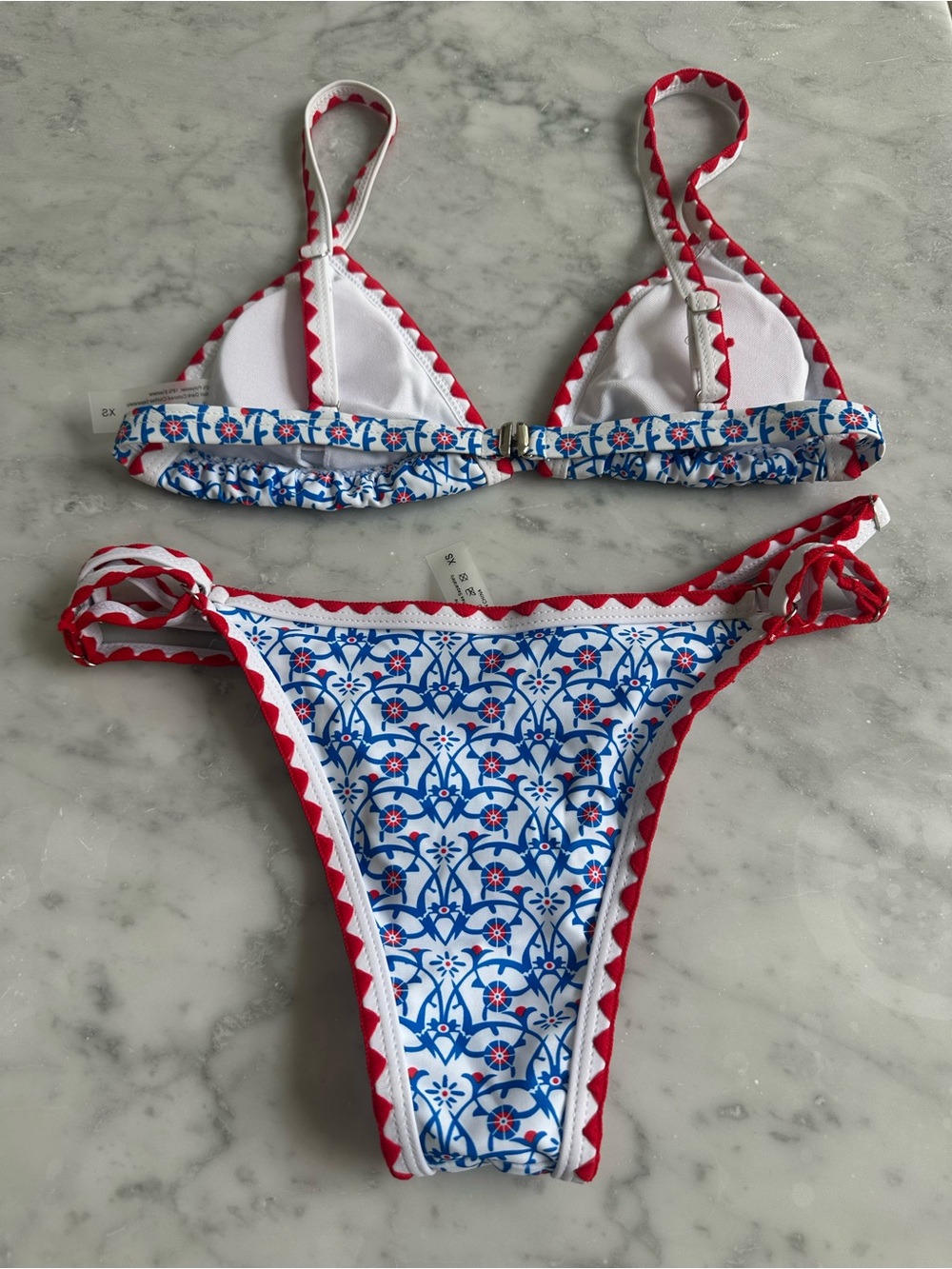 Blue & White Floral Bikini with Red Trim - Picture 5 of 9